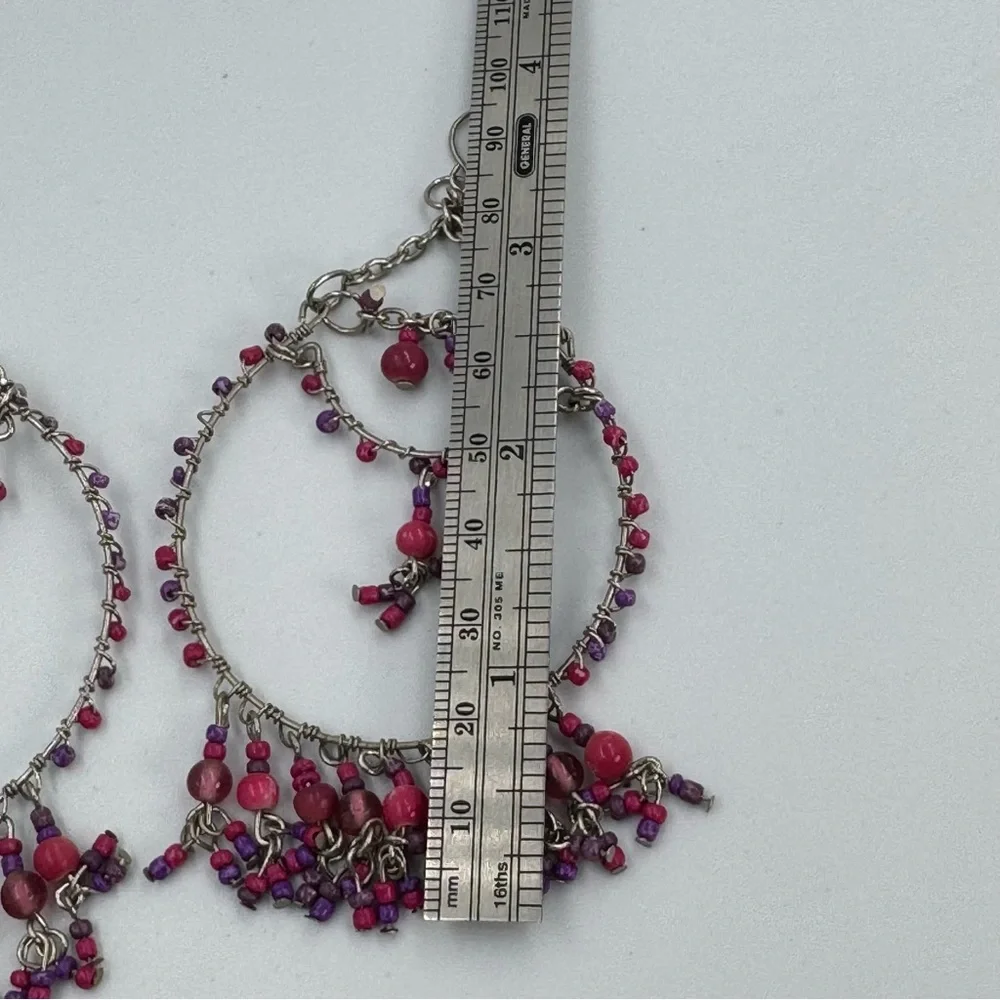 Large Fuchsia and Purple Beaded Dangle Earrings Silver Tone French Ear Hooks Fun